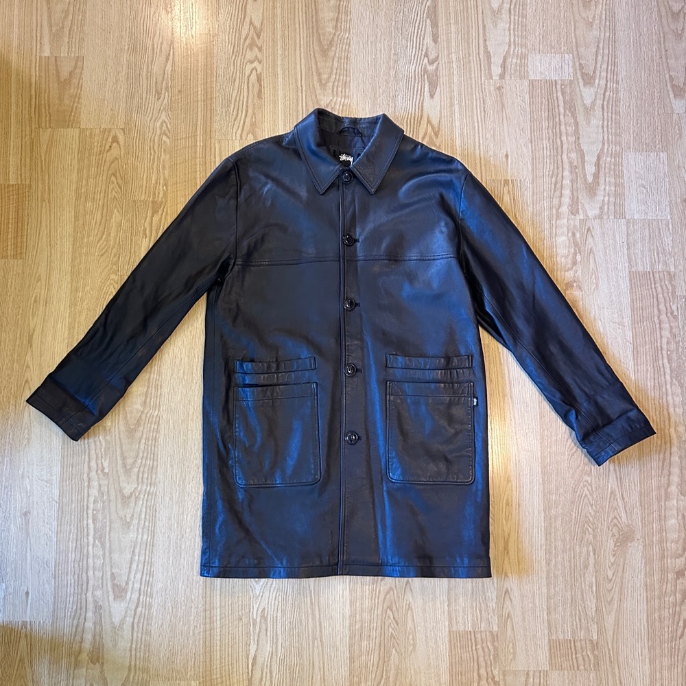 Stussy - Black Leather Transit Coat - Size Medium